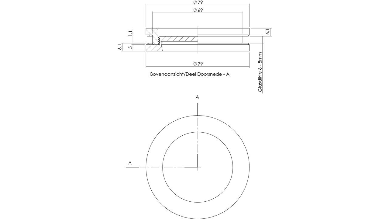 Schuifdeurkom tbv glasdeur ø55/ø79mm rvs