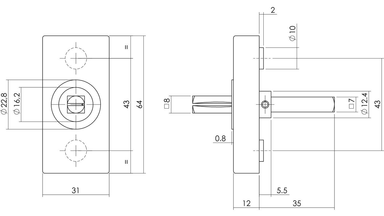 Basisplaat rechthoekig tbv raamkruk hals ø16, insteeklengte stift 7x35mm rvs
