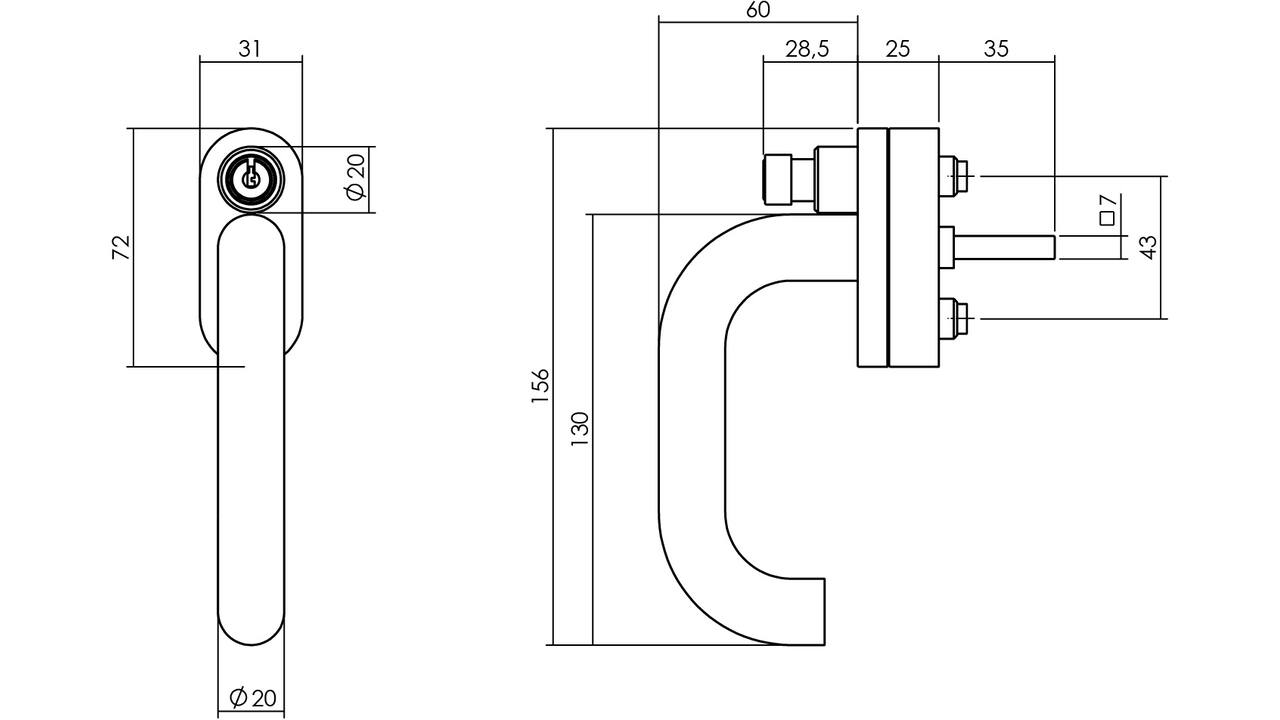 SKG** afsluitbare raamkruk Rond op vlakke ovale onderplaat met stift 7x35mm rvs