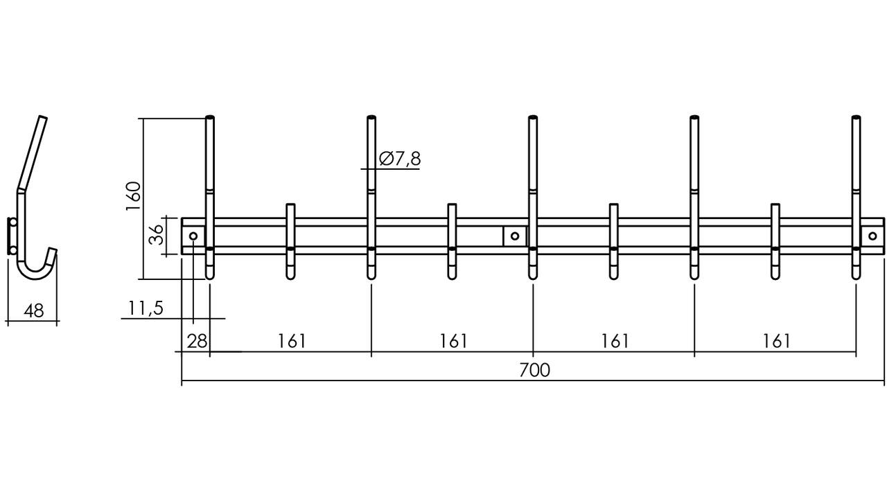 Garderobe rek 700x160mm met 9 haken rvs