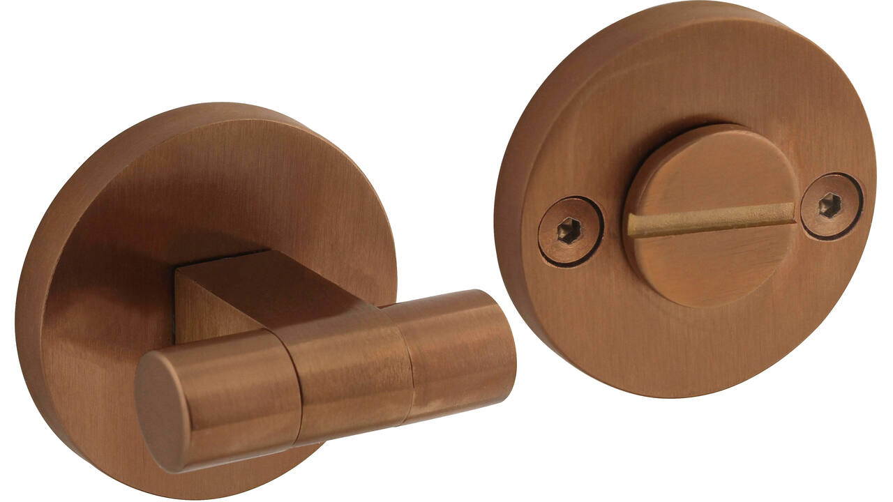 WC-sluiting éénzijdig verdekt ø55x8mm met stift 8x8mm, knop op verdekte rozet PVD koper mat