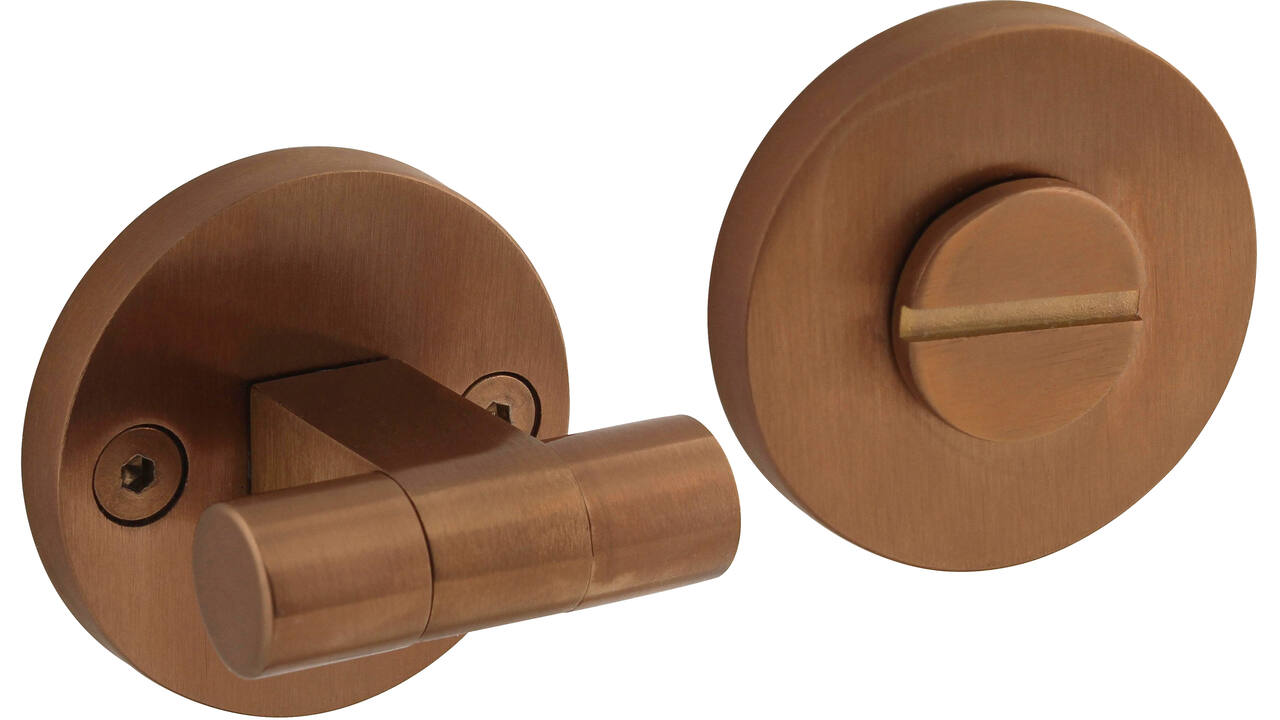 WC-sluiting éénzijdig verdekt ø55x8mm met stift 8x8mm, knop op schroefgat rozet PVD koper mat