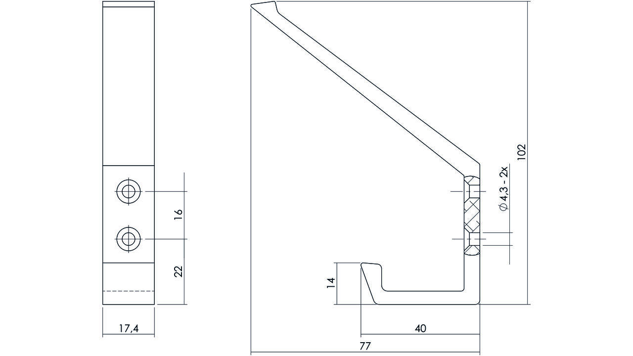 Kapstokhaak met verticale schroefgaten aluminium