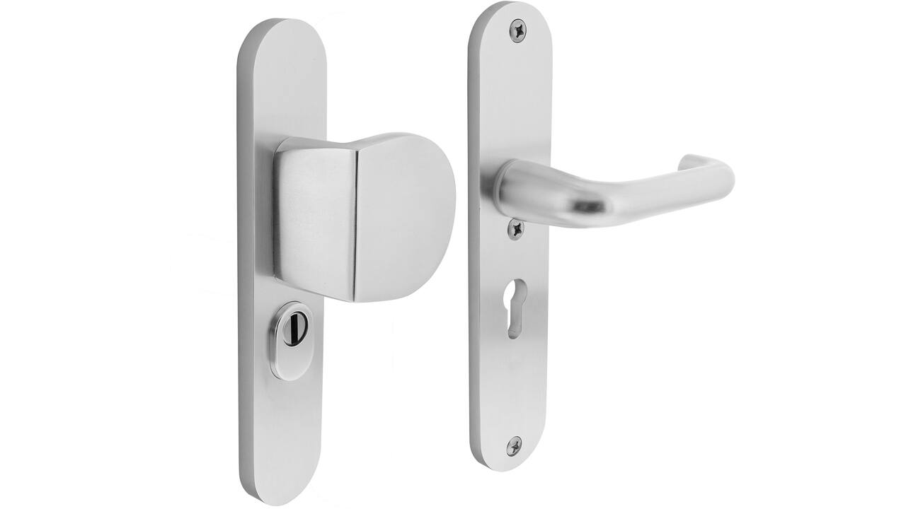 SKG3 veiligheidsbeslag ovaal 250x50mm greep/kruk Rond met veerconstructie profielcilindergat 55mm met kerntrekbeveiliging aluminium F1