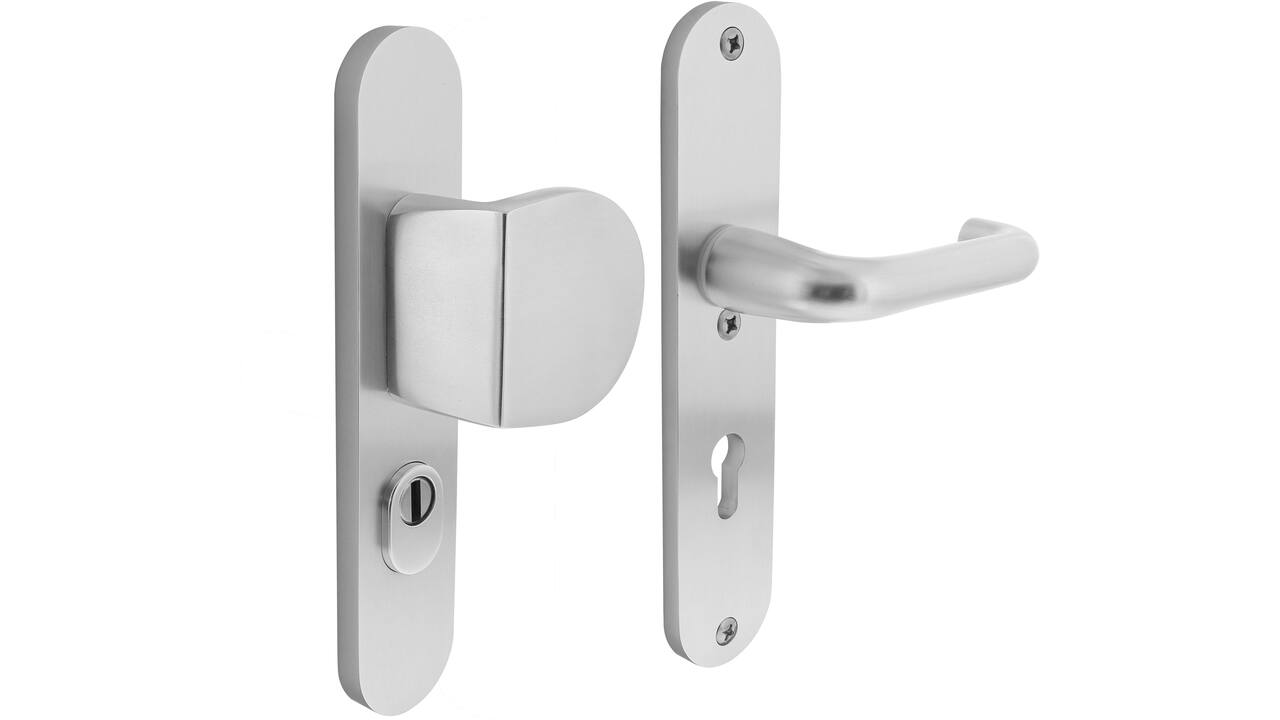 SKG3 veiligheidsbeslag ovaal 250x50mm greep/kruk Rond met veerconstructie profielcilindergat 72mm met kerntrekbeveiliging aluminium F1