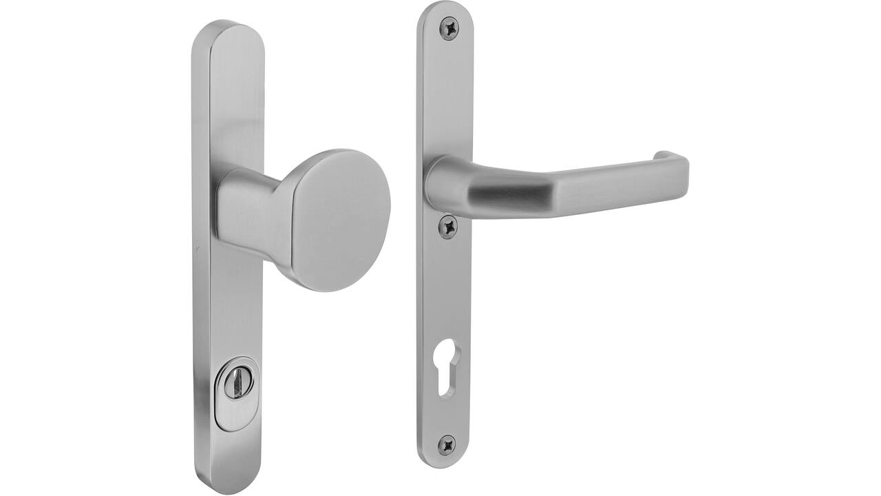SKG3 veiligheidsbeslag ovaal smal 250x35mm greep/kruk Verkropt met veerconstructie profielcilindergat 92mm met kerntrekbeveiliging aluminium F1