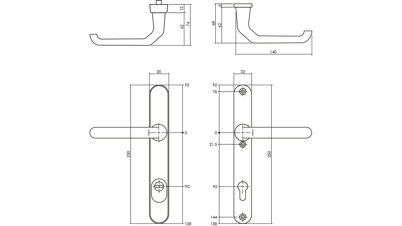 SKG3 veiligheidsbeslag ovaal smal 250x35mm kruk/kruk Verkropt met veerconstructie profielcilindergat 92mm met kerntrekbeveiliging aluminium F1
