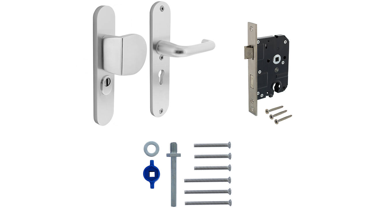 Set voordeurbeslag ovaal: SKG3 veiligheidsbeslag ovaal 250x50mm greep/kruk kt55 met SKG2 slot 55pc aluminium F1