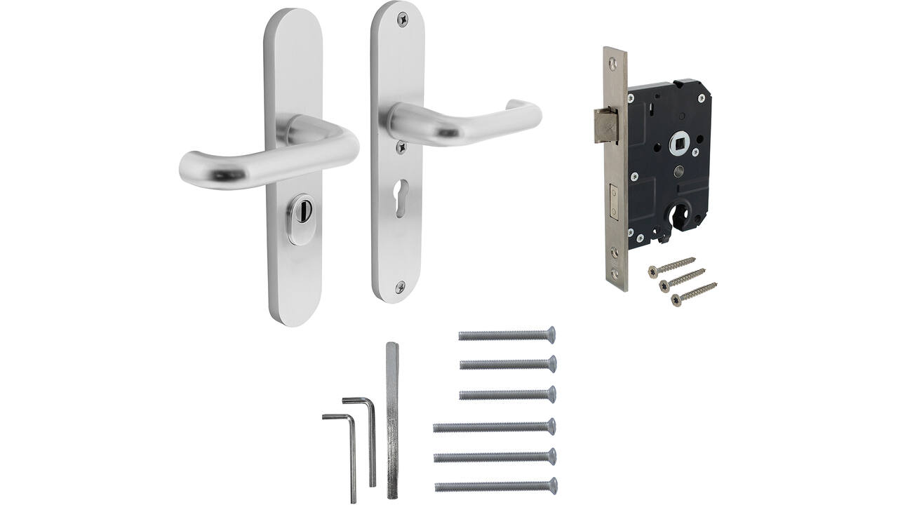 Set achterdeurbeslag ovaal: SKG3 veiligheidsbeslag ovaal 250x50mm kruk/kruk kt55 met SKG2 slot 55pc aluminium F1