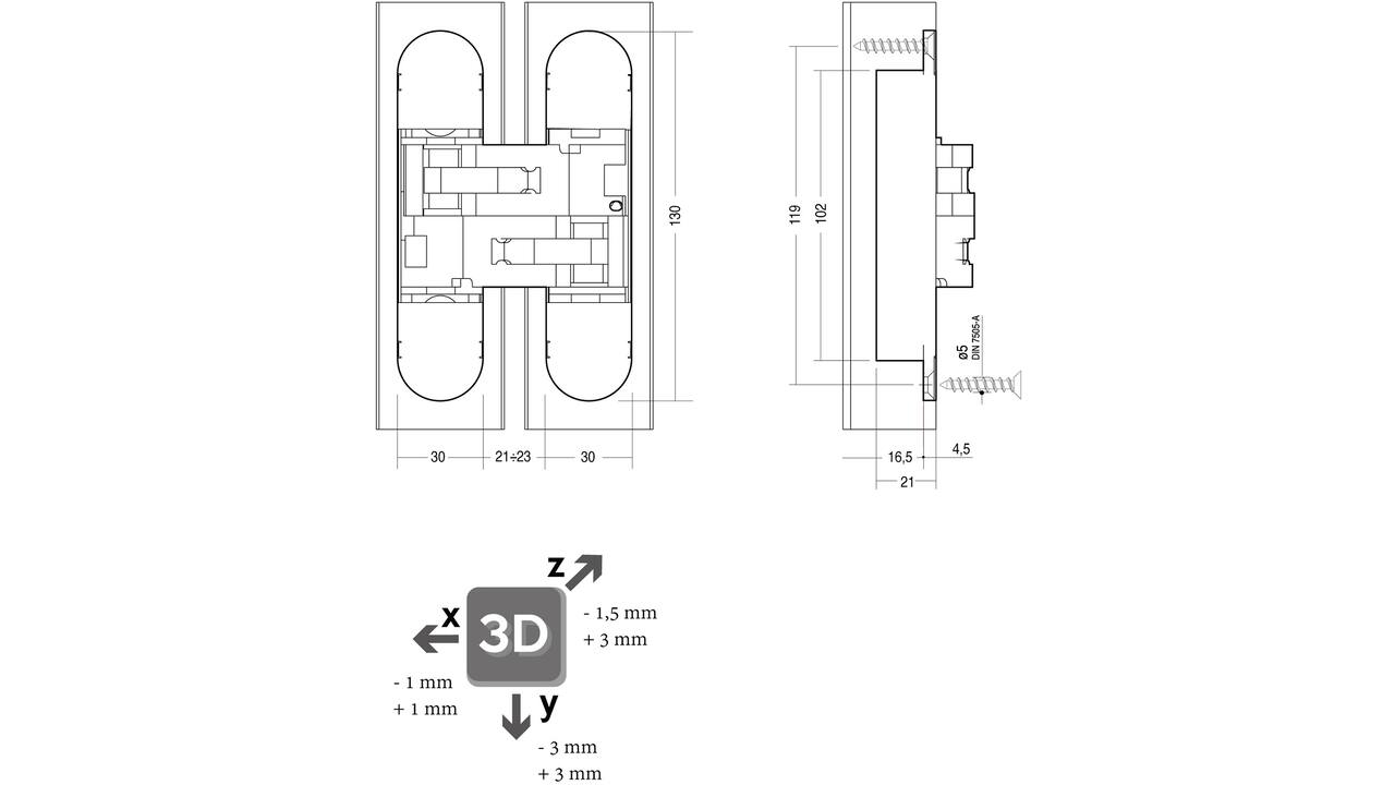 Scharnier zamak 130x30, 3D verstelbaar, binnenwerk  grijs gelakt - grijs gelakte afdekkappen