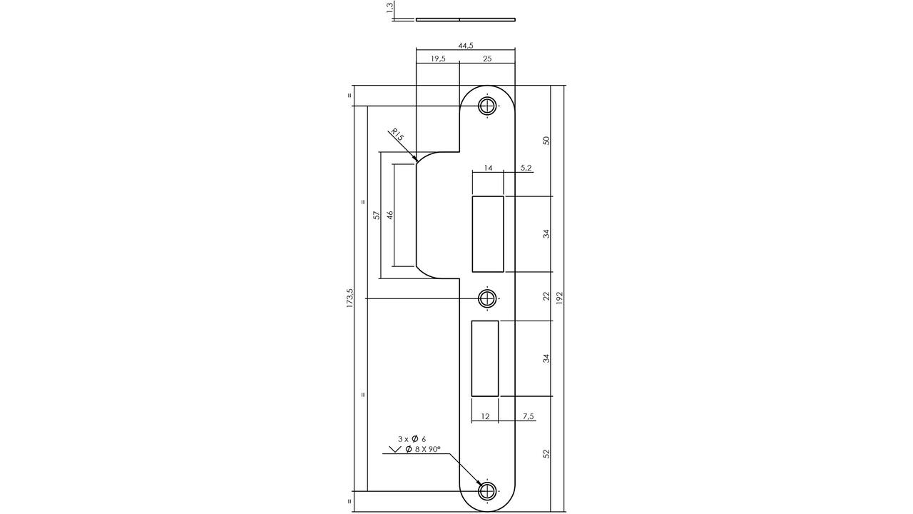 Sluitplaat 192x25x1,5mm tbv 55pc SKG sluitkom 950803 DIN rechts rvs