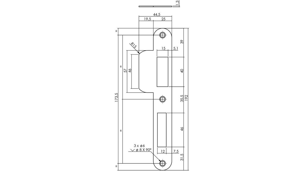 Sluitplaat 192x25x1,5mm tbv 72pc SKG sluitkom 950803 DIN rechts rvs