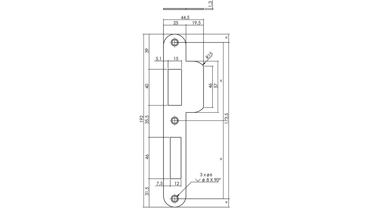 Sluitplaat 192x25x1,5mm tbv 72pc SKG sluitkom 950803 DIN links rvs