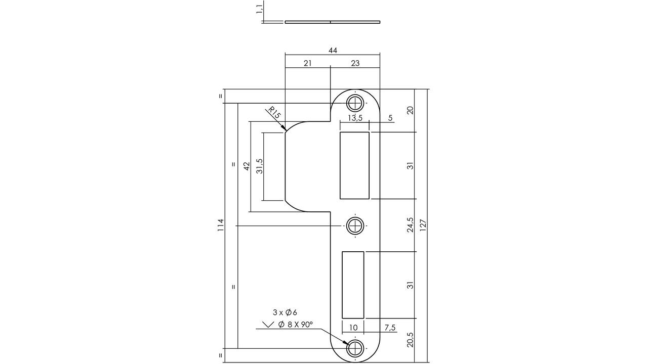 Sluitplaat 127x23x1,5mm tbv 55pc SKG sluitkom 950801 DIN rechts rvs