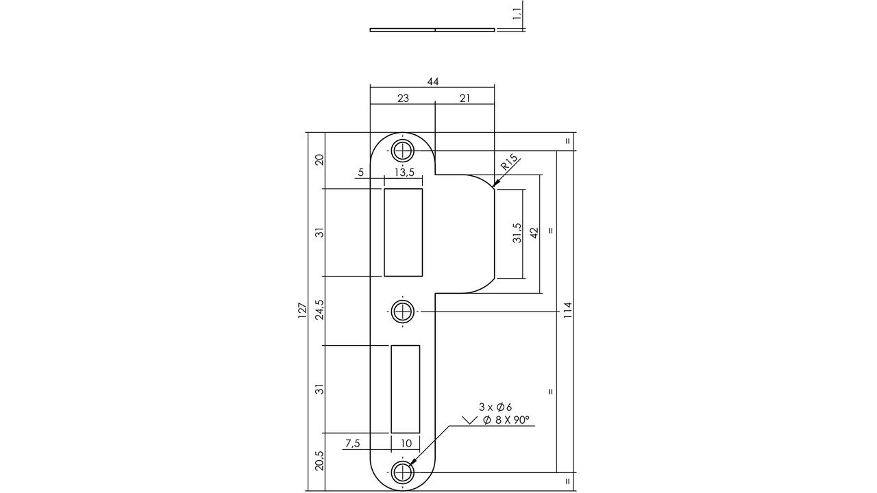 Sluitplaat 127x23x1,5mm tbv 55pc SKG sluitkom 950801 DIN links rvs