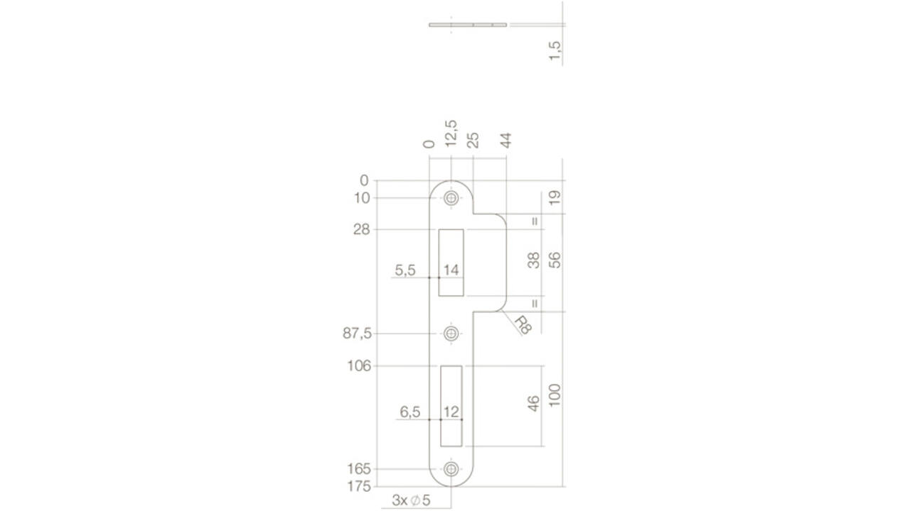 Sluitplaat 175x25/44x1,5mm tbv dag- en nacht schoot, afgerond met korte lip, rvs DIN links
