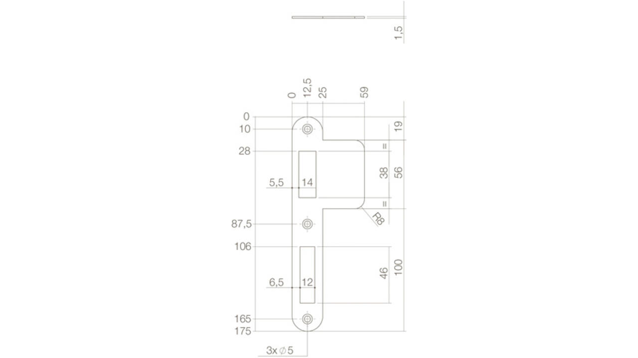 Sluitplaat 175x25/59x1,5mm tbv dag- en nacht schoot, afgerond met lange lip, rvs DIN links