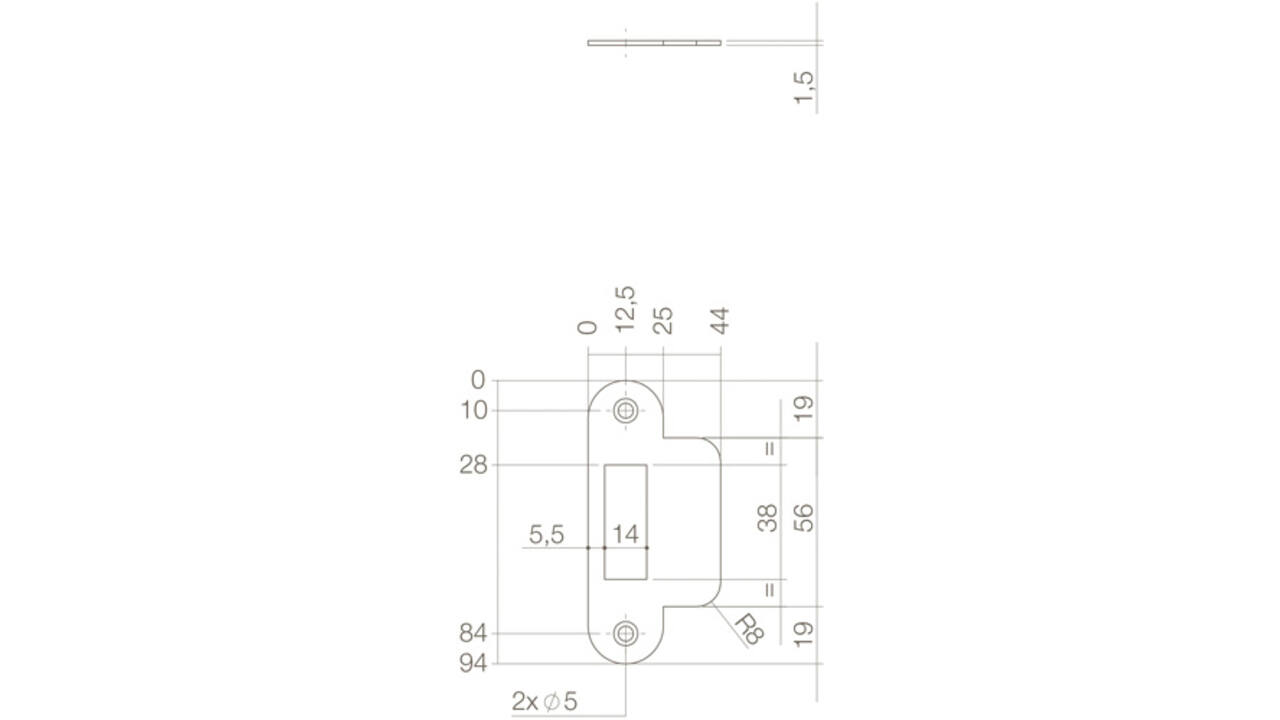 Sluitplaat 94x25/44x1,5mm tbv dagschoot, afgerond met korte lip, rvs