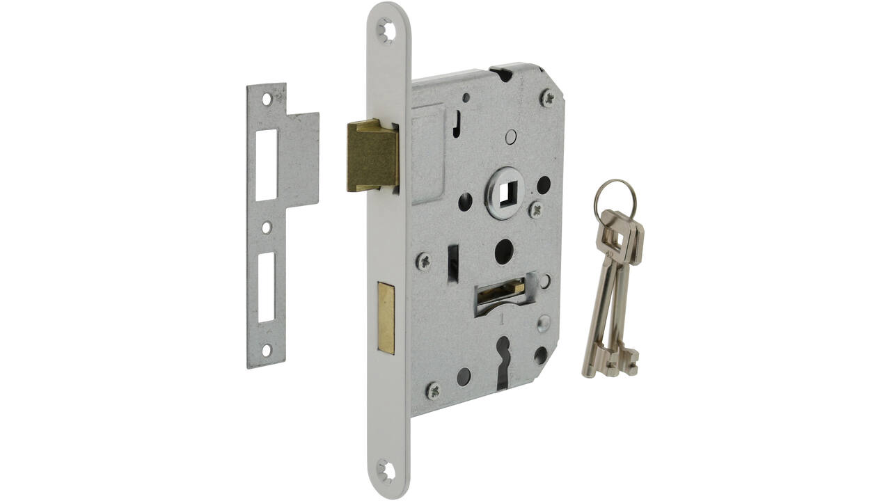 Woningbouw klavier dag- en nachtslot 55mm, voorplaat afgerond wit gelakt, 20x174, doorn 50mm incl. sluitplaat en 2 sleutels