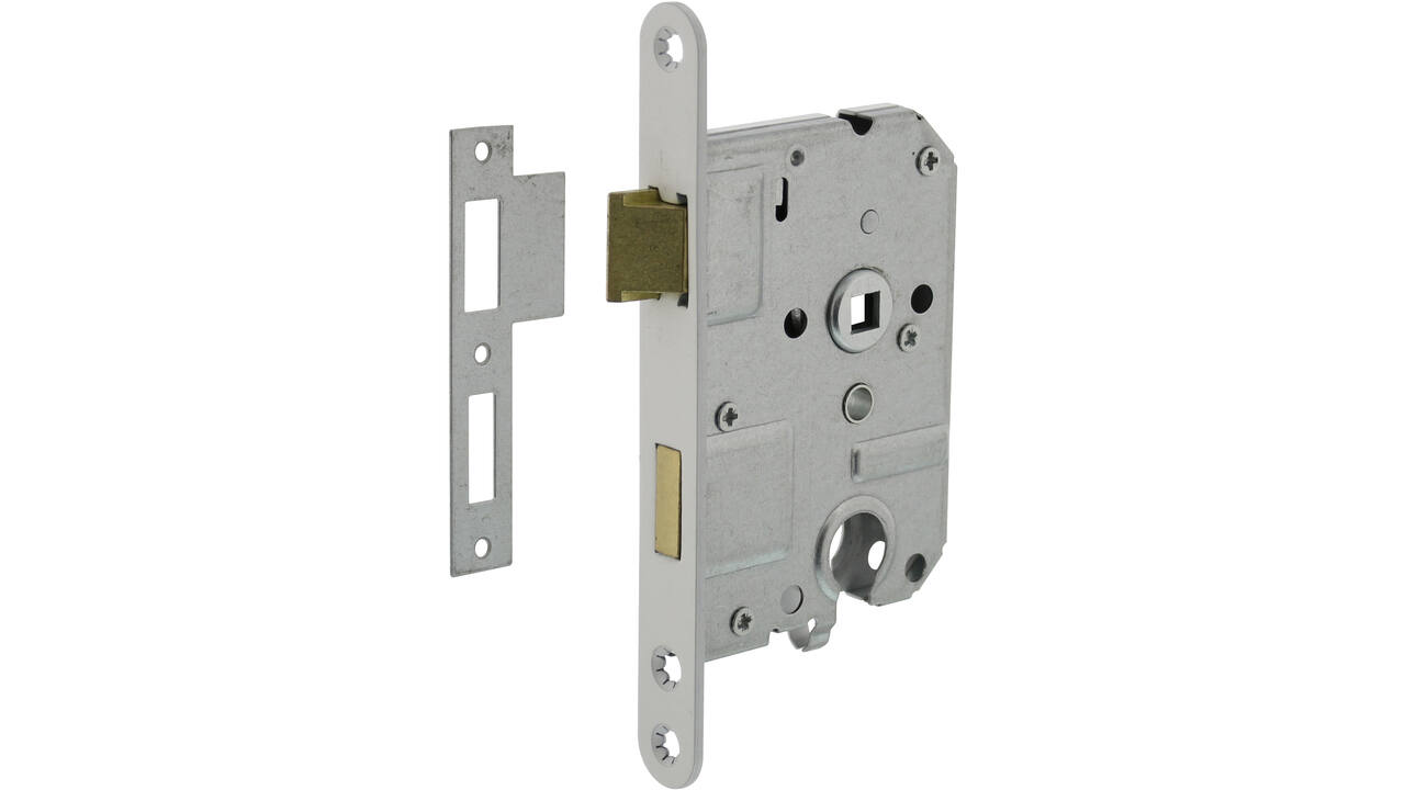 Woningbouw cilinder dag- en nachtslot 55mm, voorplaat afgerond wit gelakt, 20x174, doorn 50mm incl. sluitplaat