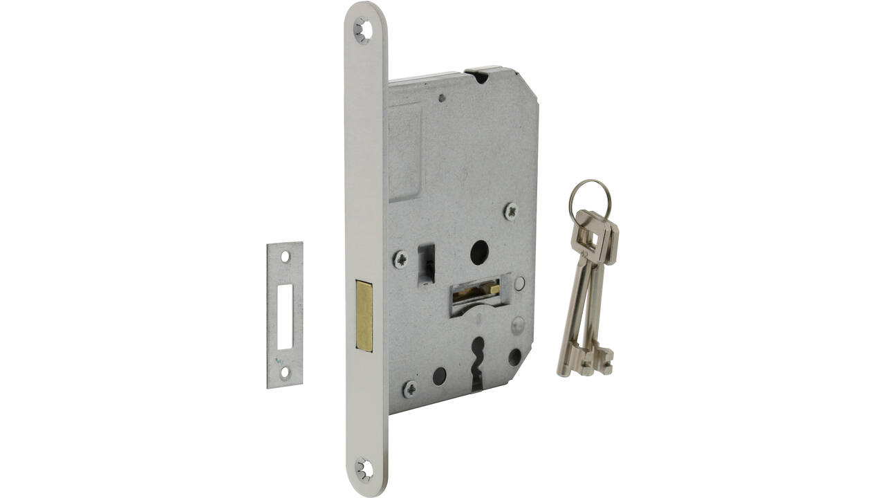 Woningbouw klavier kastslot 55mm, voorplaat afgerond wit gelakt, 20x174, doorn 50mm incl. sluitplaat 2 sleutels