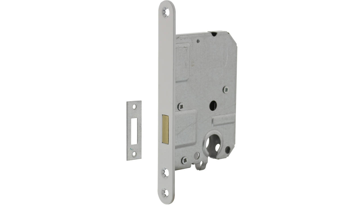 Woningbouw cilinder kastslot 55mm, voorplaat afgerond wit gelakt, 20x174, doorn 50mm incl. sluitplaat