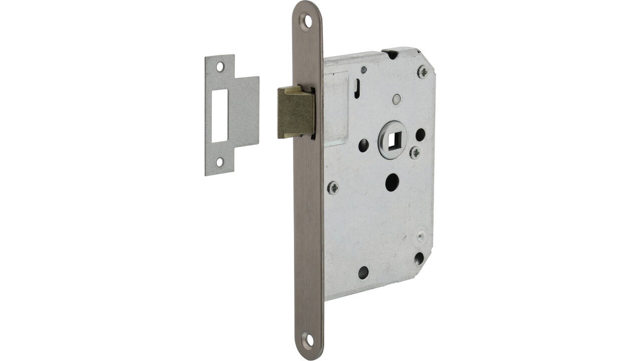 Woningbouw loopslot, voorplaat afgerond rvs, 20x174, doorn 50mm incl. sluitplaat