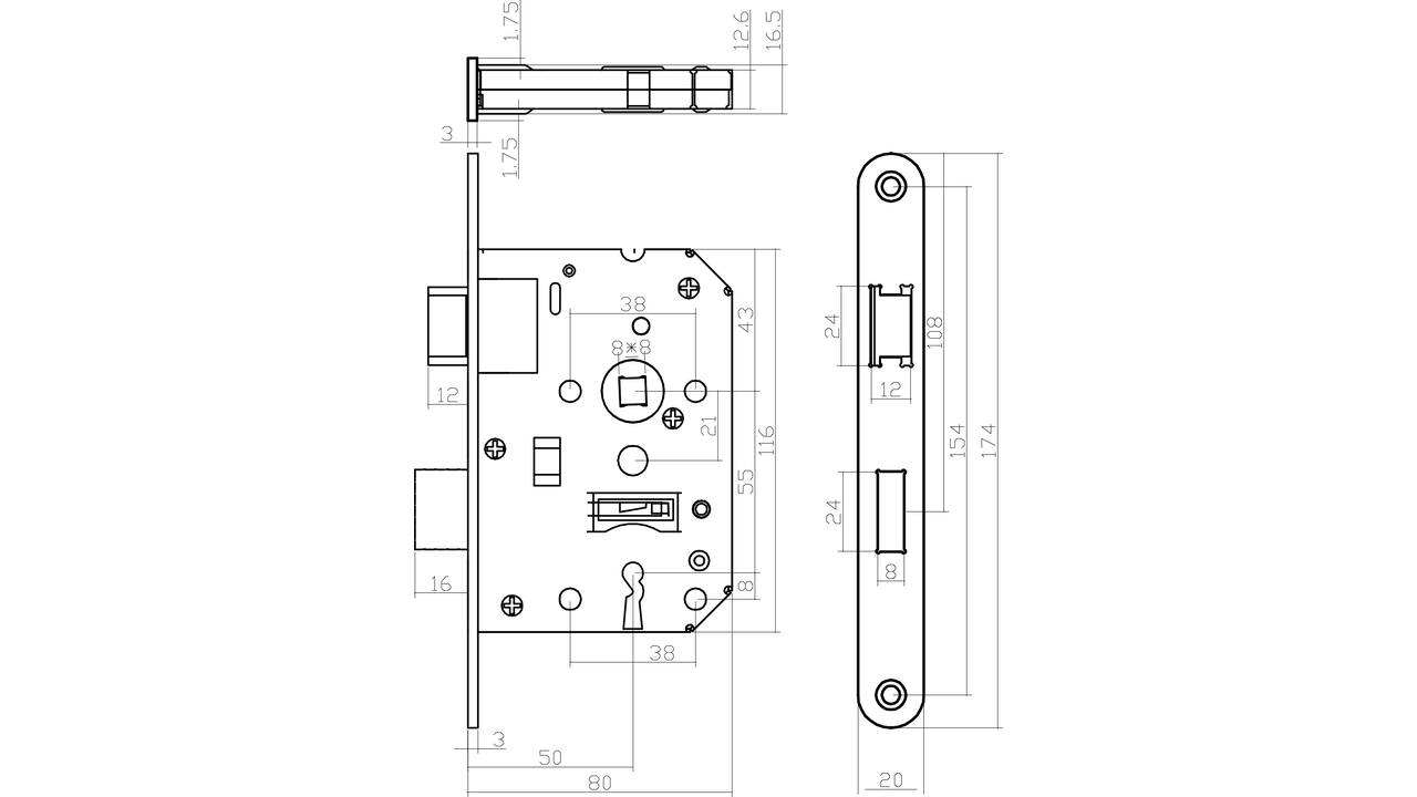 Woningbouw klavier dag- en nachtslot 55mm, voorplaat afgerond rvs, 20x174, doorn 50mm incl. sluitplaat en 2 sleutels