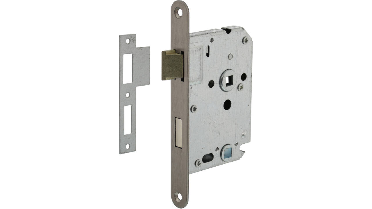 Woningbouw badkamer/toilet slot 63/8mm, voorplaat afgerond rvs, 20x174, doorn 50mm incl. sluitplaat
