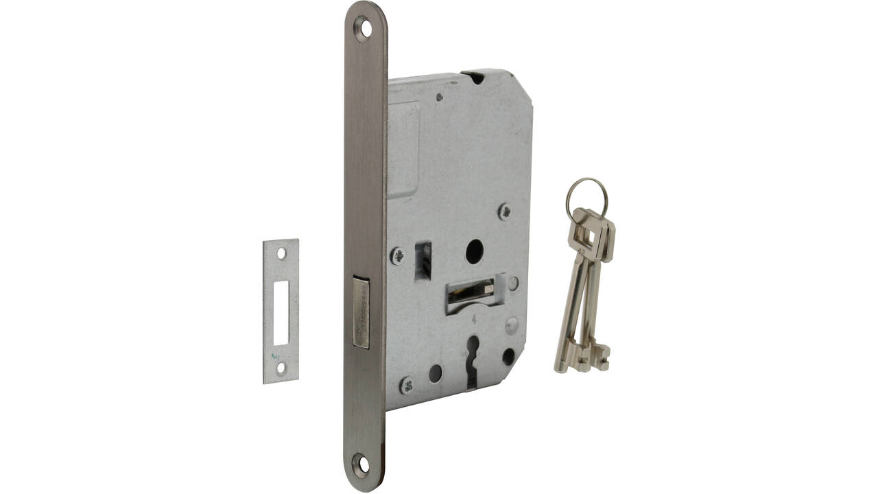 Woningbouw klavier kastslot 55mm, voorplaat afgerond rvs, 20x174, doorn 50mm incl. sluitplaat 2 sleutels