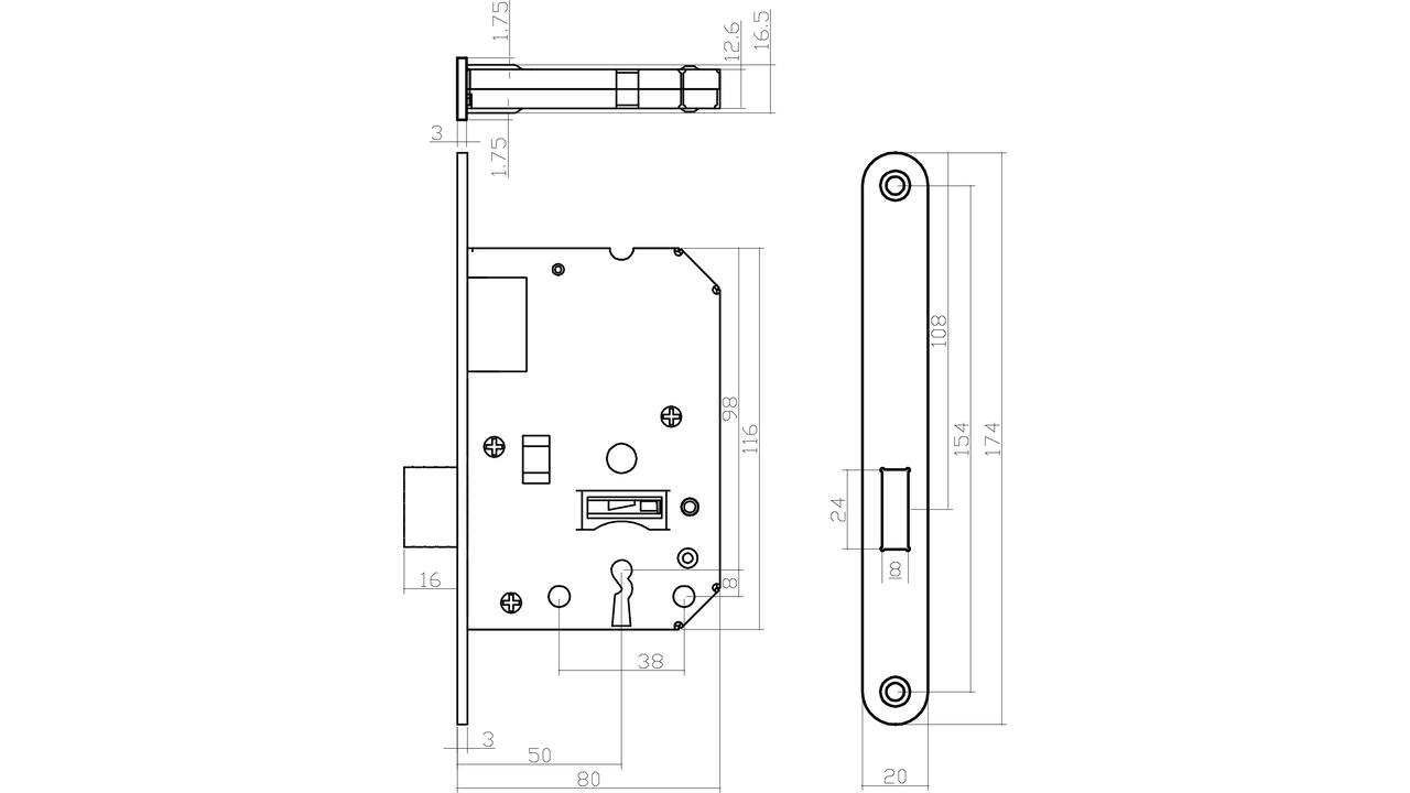 Woningbouw klavier kastslot 55mm, voorplaat afgerond rvs, 20x174, doorn 50mm incl. sluitplaat 2 sleutels