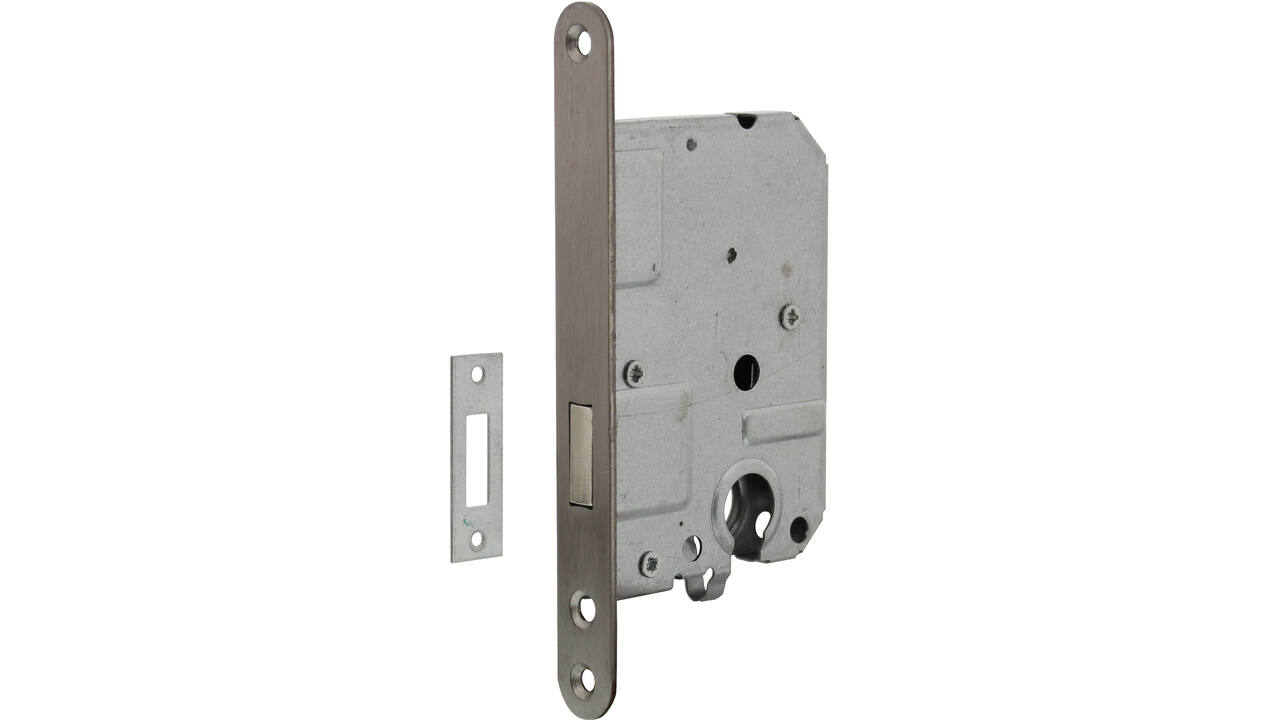 Woningbouw cilinder kastslot 55mm, voorplaat afgerond rvs, 20x174, doorn 50mm incl. sluitplaat