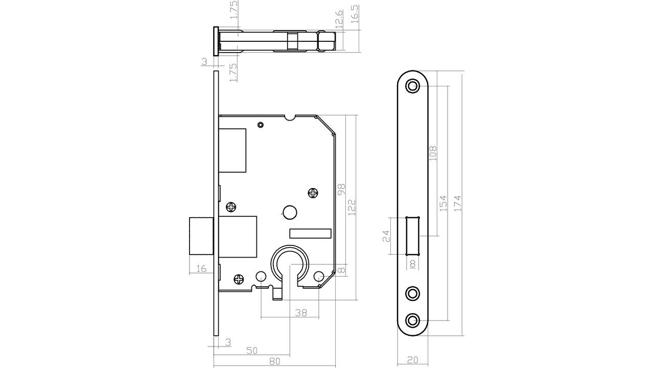 Woningbouw cilinder kastslot 55mm, voorplaat afgerond rvs, 20x174, doorn 50mm incl. sluitplaat