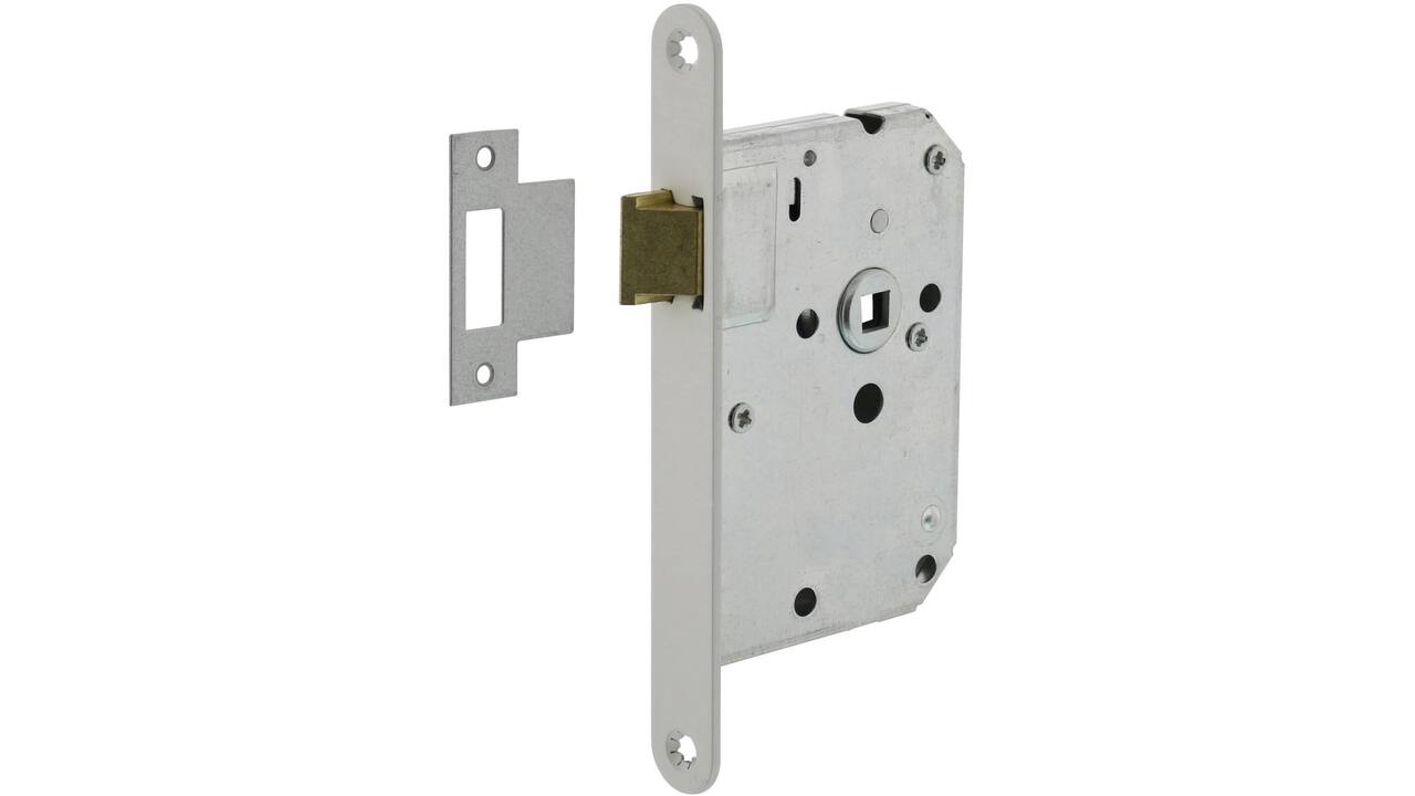 Woningbouw loopslot, voorplaat afgerond wit gelakt, 20x174, doorn 50mm incl. sluitplaat Industrieverpakking