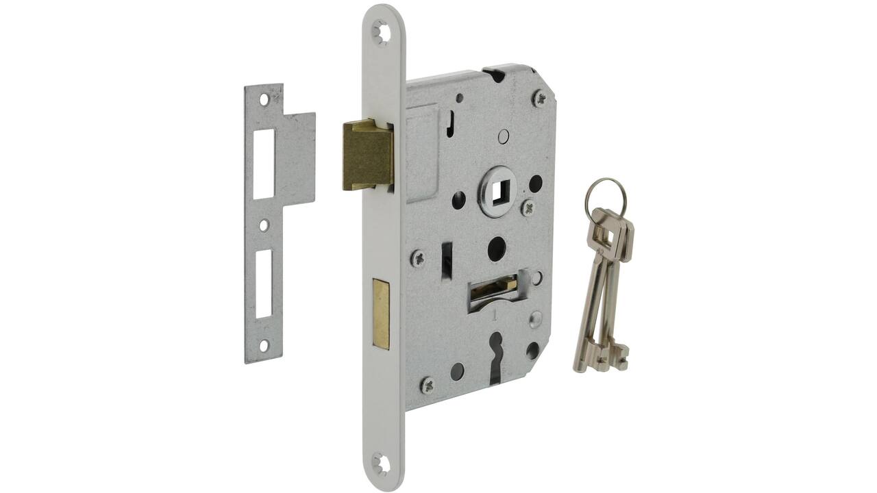 Woningbouw klavier dag- en nachtslot 55mm, voorplaat afgerond wit gelakt, 20x174, doorn 50mm incl. sluitplaat en 2 sleutels industrieverpakking