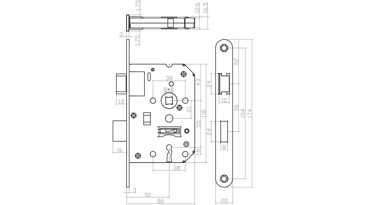 Woningbouw klavier dag- en nachtslot 55mm, voorplaat afgerond wit gelakt, 20x174, doorn 50mm incl. sluitplaat en 2 sleutels industrieverpakking