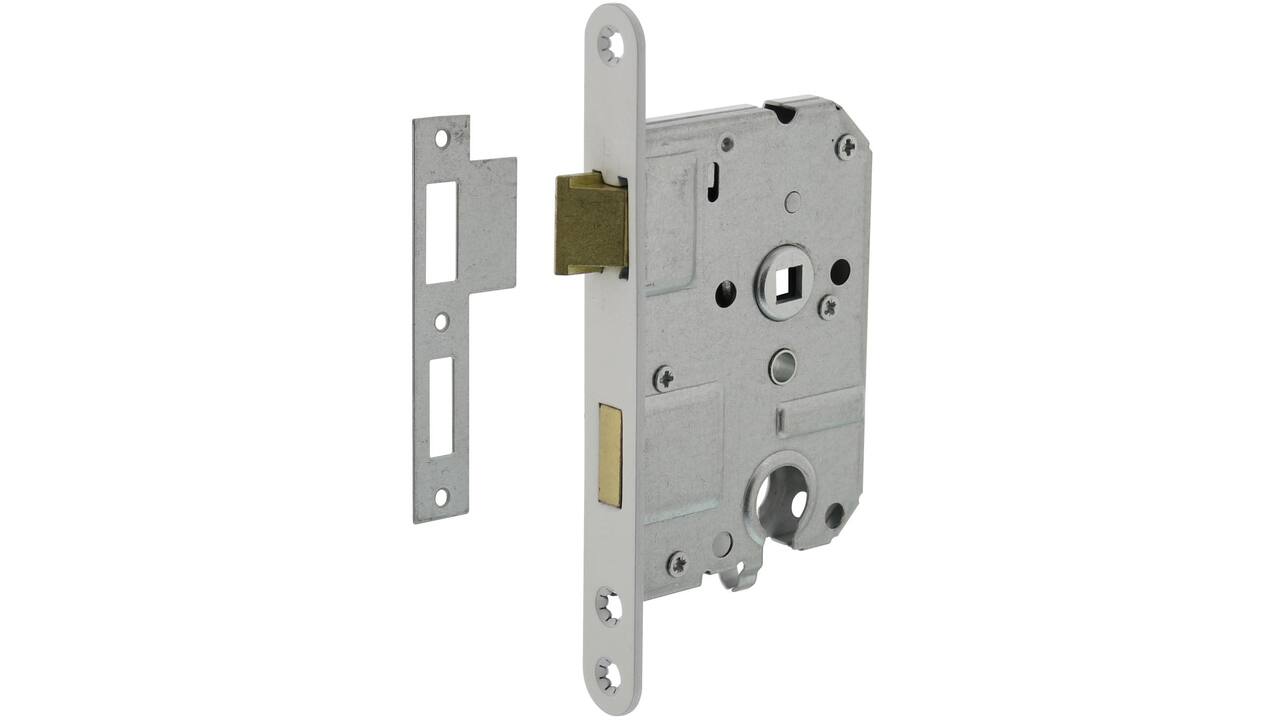 Woningbouw cilinder dag- en nachtslot 55mm, voorplaat afgerond wit gelakt, 20x174, doorn 50mm incl. sluitplaat industrieverpakking