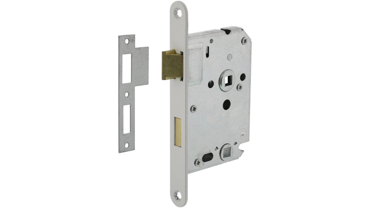 Woningbouw badkamer/toilet slot 63/8mm, voorplaat afgerond wit gelakt, 20x174, doorn 50mm incl. sluitplaat Industrieverpakking