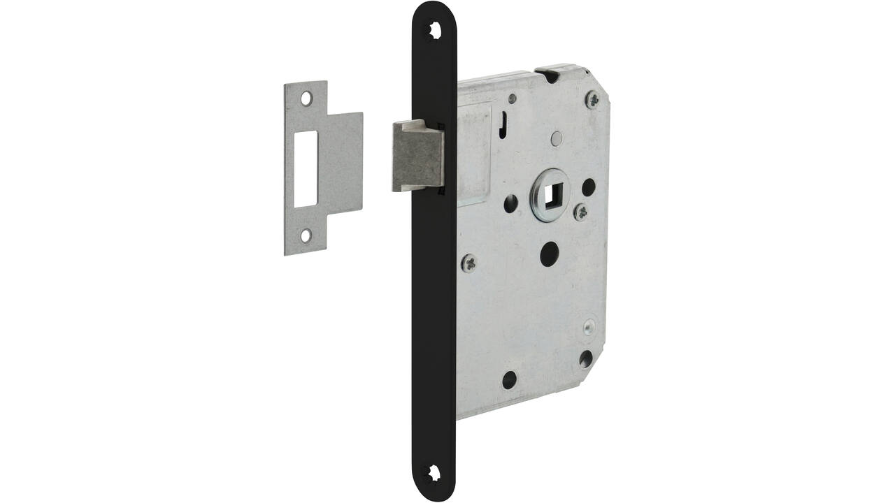 Woningbouw loopslot, voorplaat afgerond zwart gelakt, 20x174, doorn 50mm incl. sluitplaat