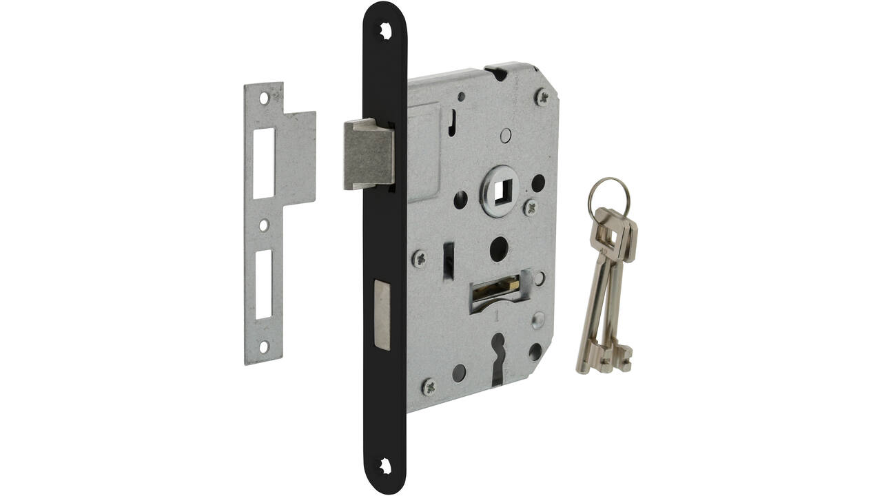 Woningbouw klavier dag- en nachtslot 55mm, voorplaat afgerond zwart gelakt, 20x174, doorn 50mm incl. sluitplaat en 2 sleutels