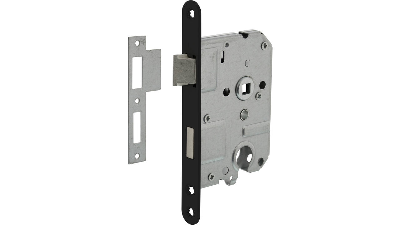 Woningbouw cilinder dag- en nachtslot 55mm, voorplaat afgerond zwart gelakt, 20x174, doorn 50mm incl. sluitplaat