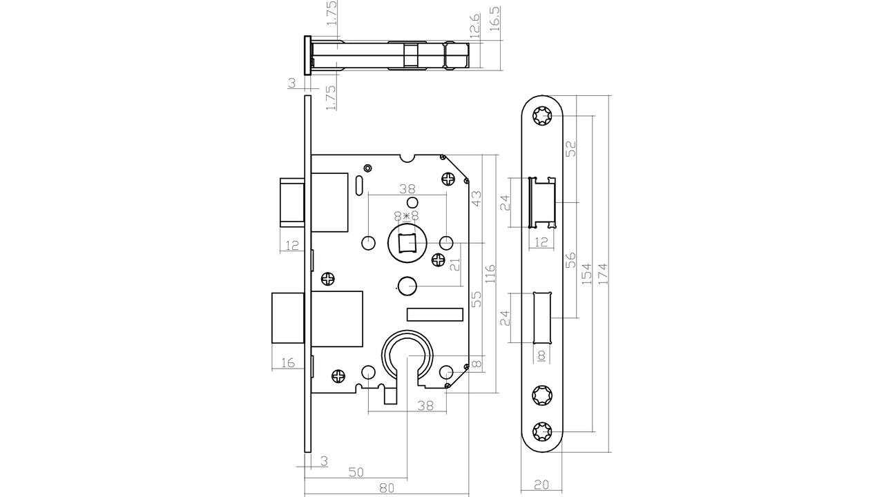 Woningbouw cilinder dag- en nachtslot 55mm, voorplaat afgerond zwart gelakt, 20x174, doorn 50mm incl. sluitplaat