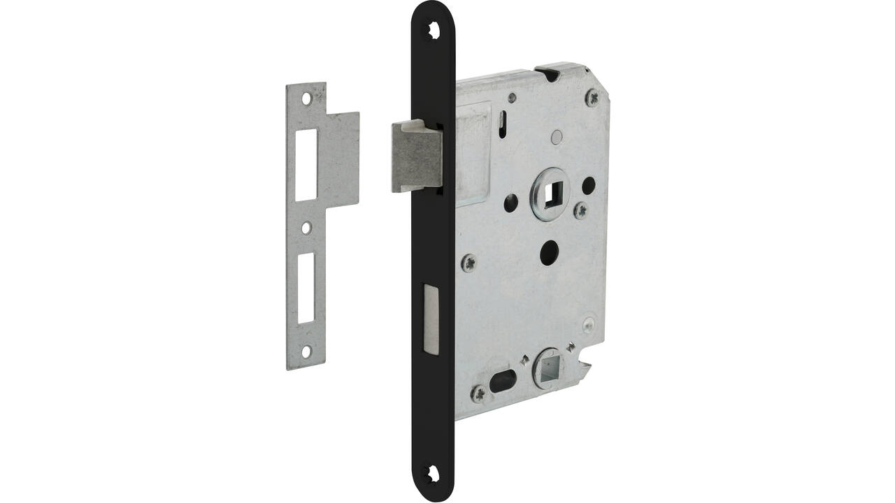 Woningbouw badkamer/toilet slot 63/8mm, voorplaat afgerond zwart gelakt, 20x174, doorn 50mm incl. sluitplaat