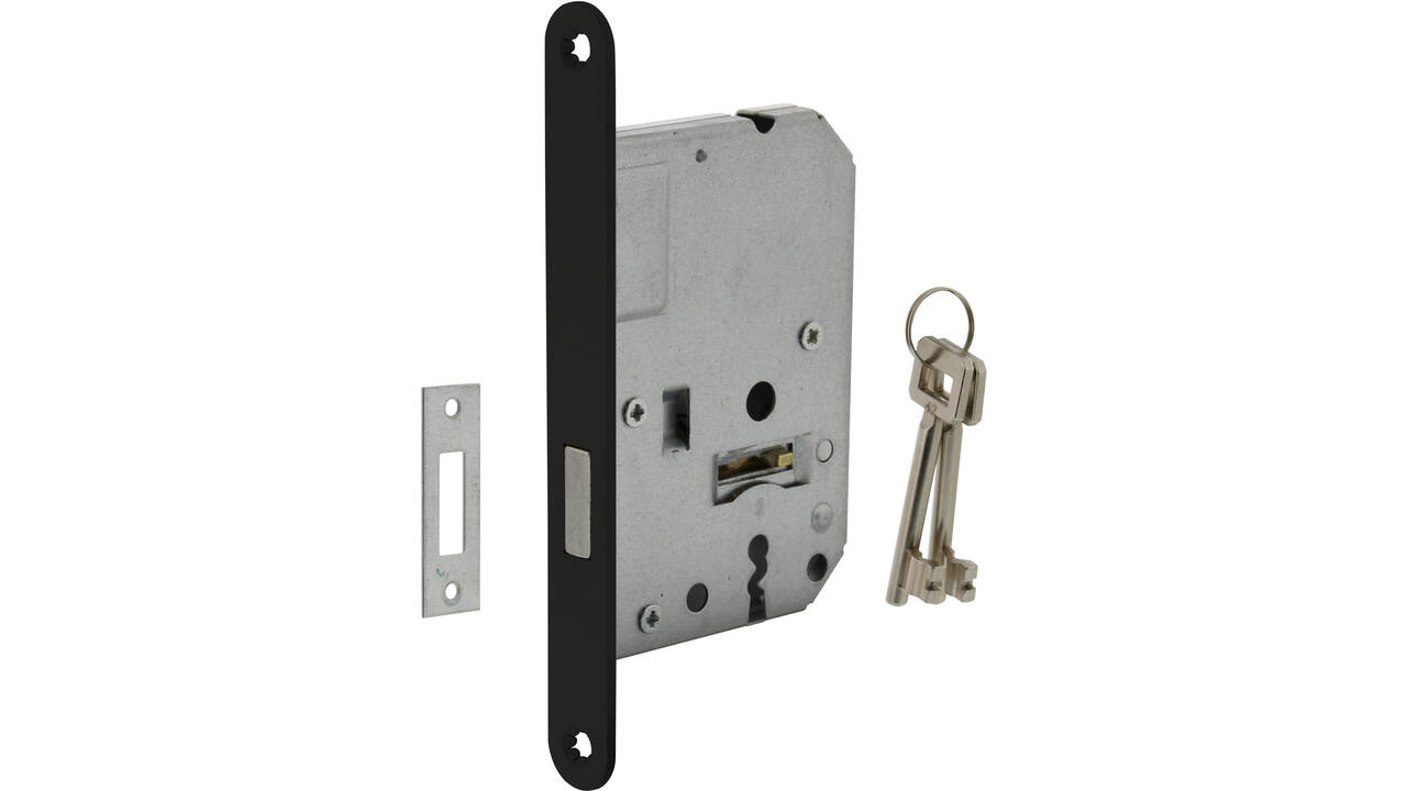 Woningbouw klavier kastslot 55mm, voorplaat afgerond zwart gelakt, 20x175, doorn 50mm incl. sluitplaat en 2 sleutels