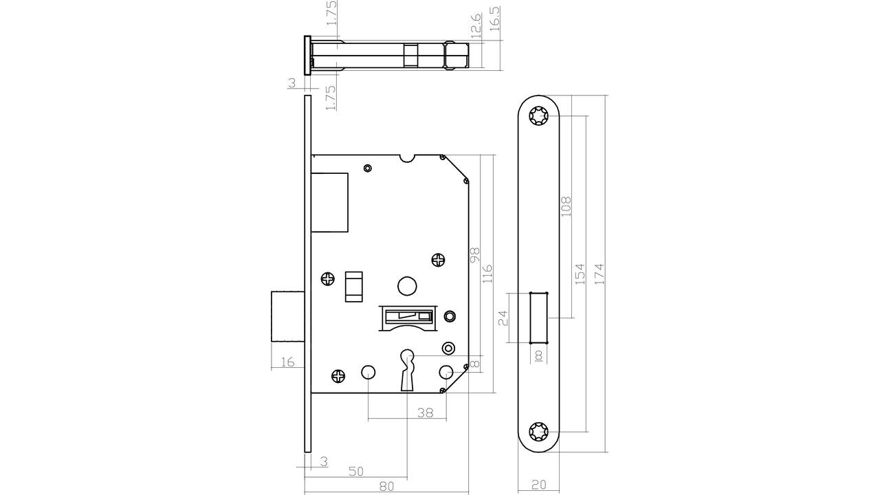 Woningbouw klavier kastslot 55mm, voorplaat afgerond zwart gelakt, 20x175, doorn 50mm incl. sluitplaat en 2 sleutels
