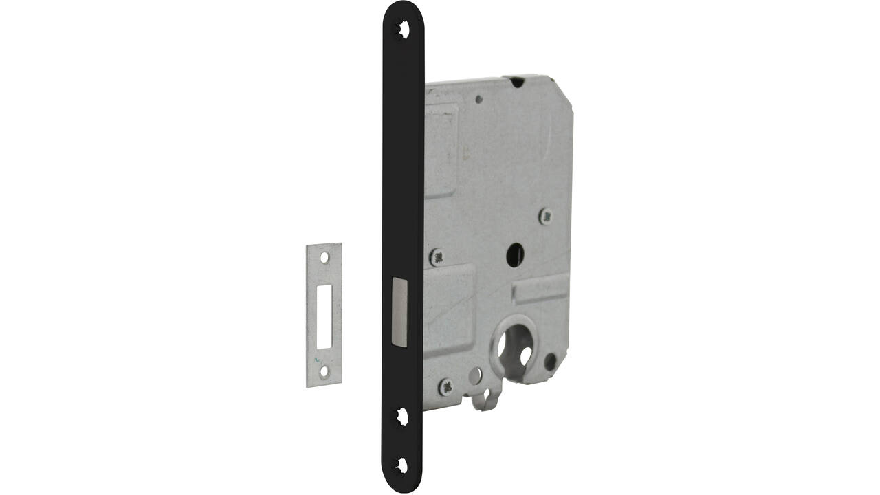 Woningbouw cilinder kastslot 55mm, voorplaat afgerond zwart gelakt, 20x174, doorn 50mm incl. sluitplaat