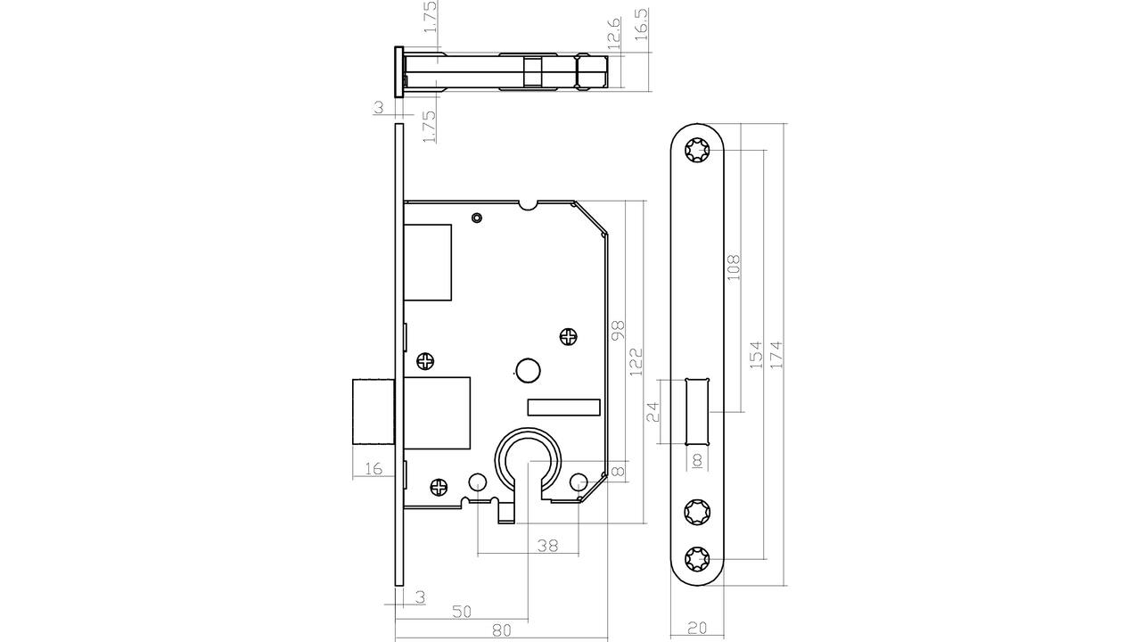 Woningbouw cilinder kastslot 55mm, voorplaat afgerond zwart gelakt, 20x174, doorn 50mm incl. sluitplaat