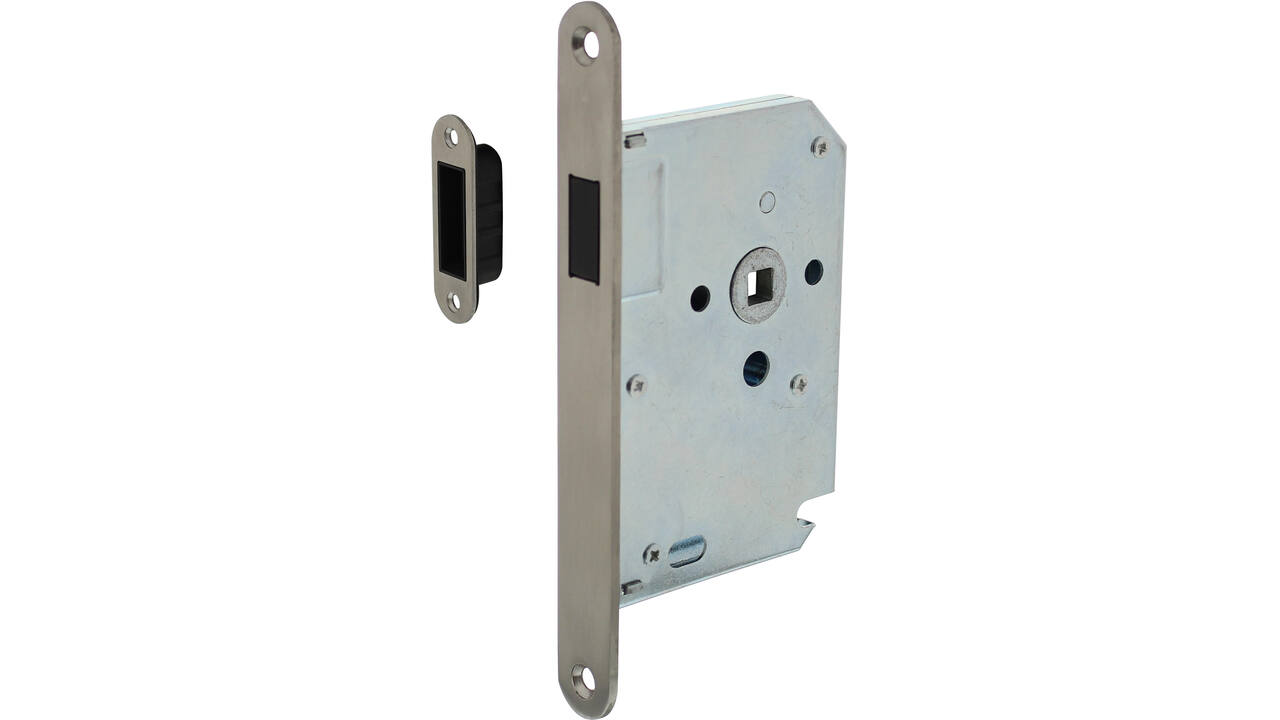 Woningbouw magneet loopslot, voorplaat afgerond rvs, 20x174, doorn 50mm incl. sluitplaat/kom