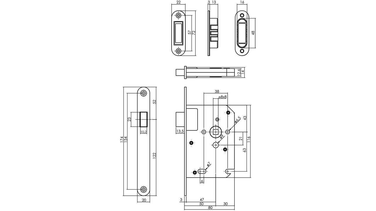 Woningbouw magneet loopslot, voorplaat afgerond rvs, 20x174, doorn 50mm incl. sluitplaat/kom
