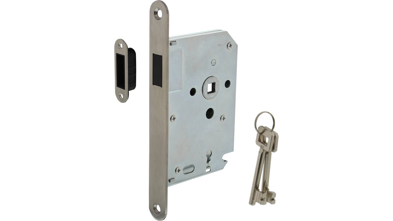 Woningbouw magneet klavier dag- en nachtslot 55mm, voorplaat afgerond rvs, 20x174, doorn 50mm incl. sluitplaat/kom en 2 sleutels